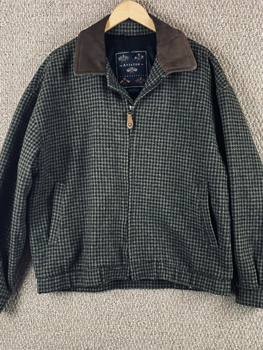 Aviator Tweed Jacket Men’s L Houndstooth Wool Bomber Leather Trim Pockets Lined